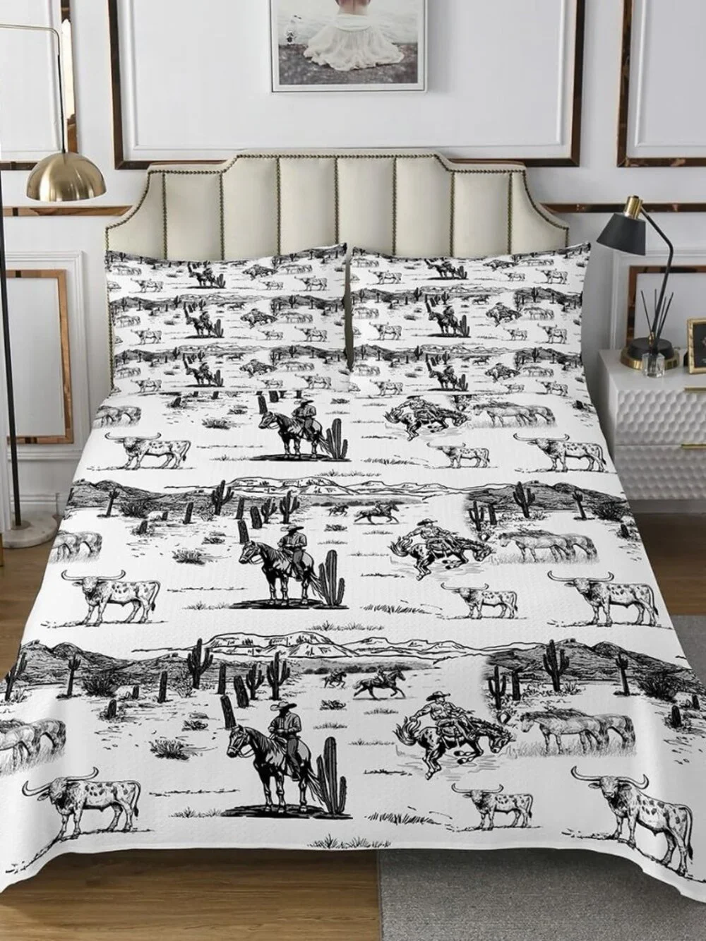 Western Cowboy Bedspread Queen Size,Vintage Southwest Style Bedding Quilt Desert